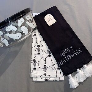Halloween Bundle HYDE AND EKK Ghost Clear Glass Storage Bowl and NWT Towel Set